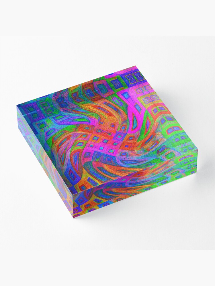 Alternate view of A blue and white striped tie on a white bed Acrylic Block