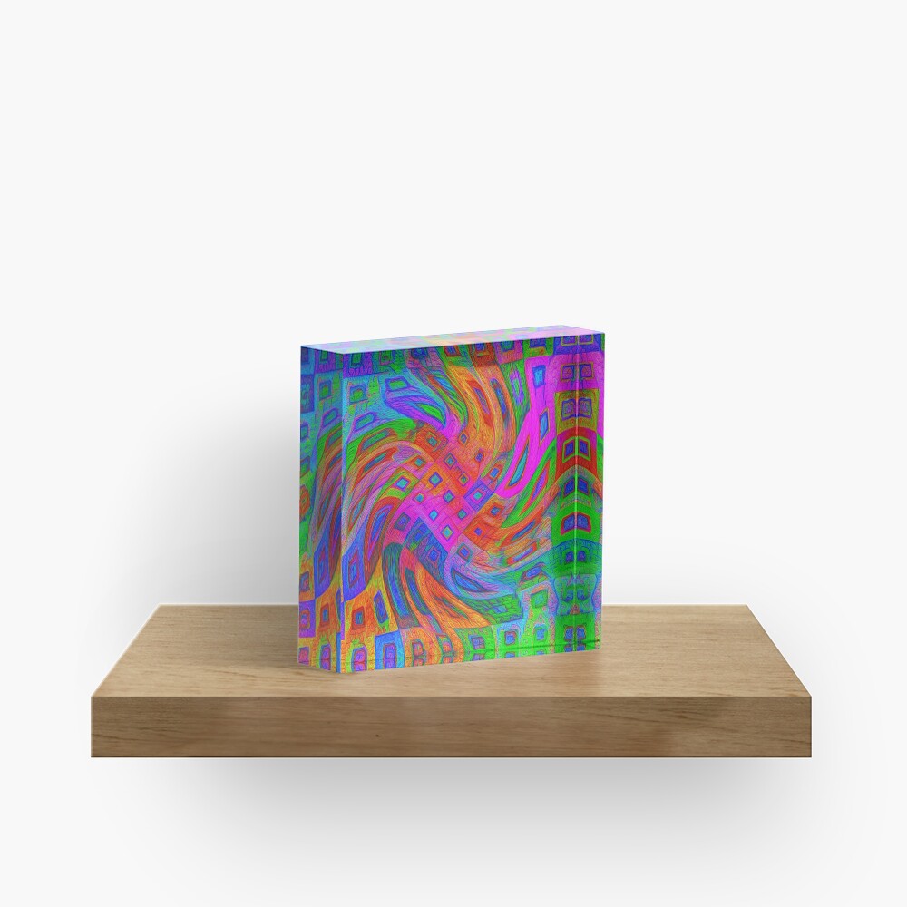 A blue and white striped tie on a white bed Acrylic Block
