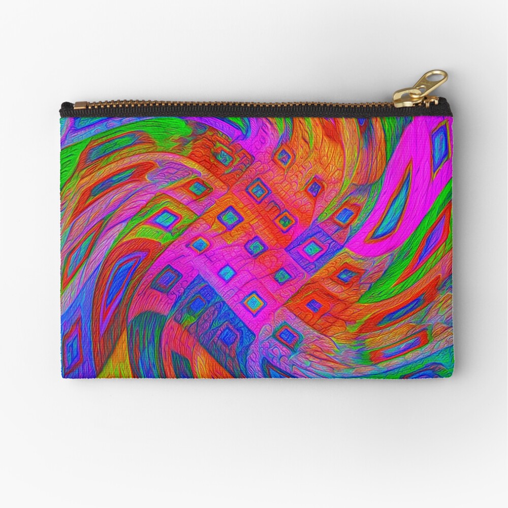 A blue and white striped tie on a white bed Zipper Pouch