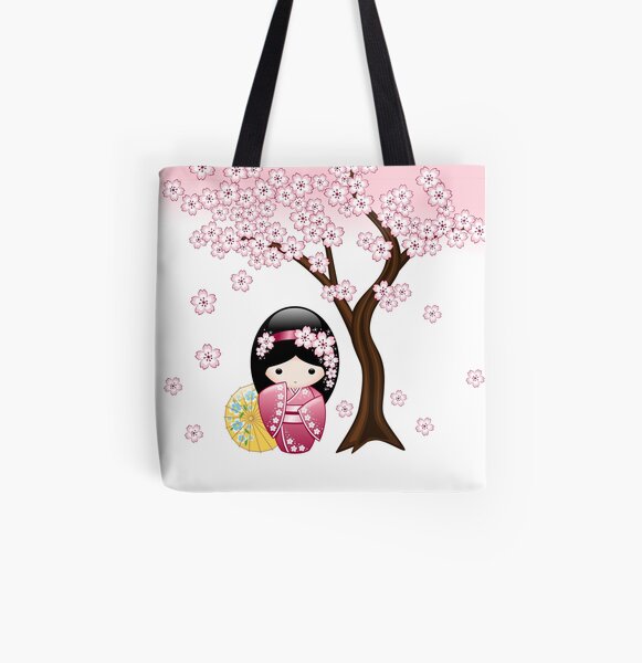 Japanese Spring Kokeshi Doll All Over Print Tote Bag