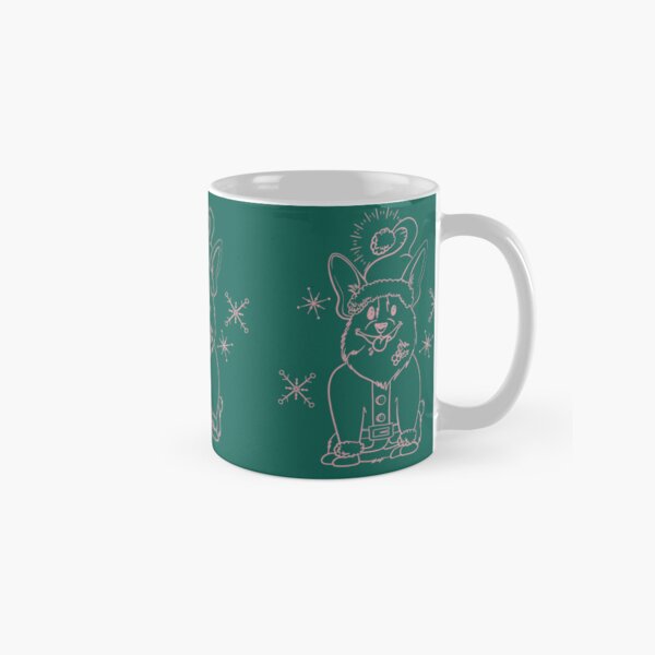 Retro Vintage Pink on white Santa claus Corgi Line Art on Emerald Green Classic Mug