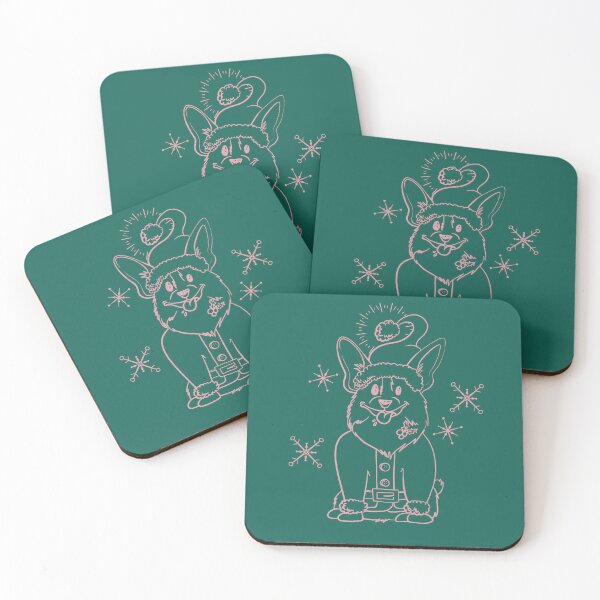 Artikelvorschau, Retro Vintages Rosa auf weißer Weihnachtsmann-Corgi-Linie Kunst auf Smaragdgrün entworfen und verkauft von Heather van der Dys.