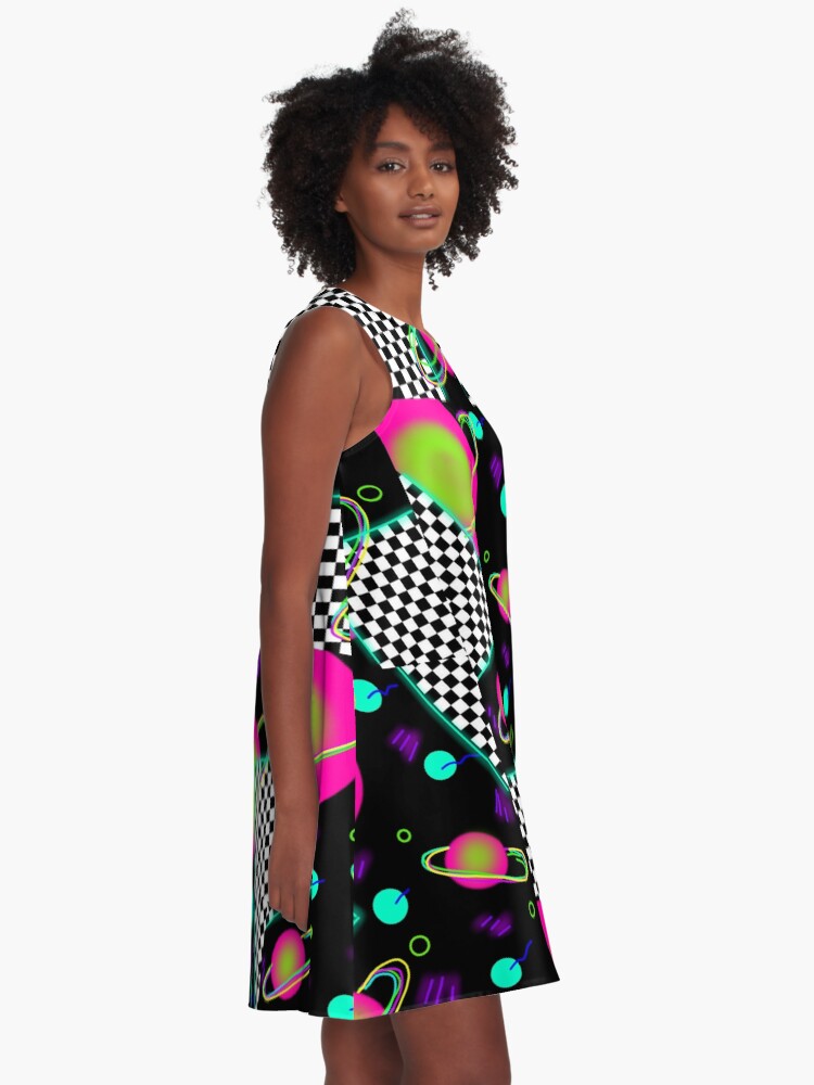 Alternate view of trippy neon 80's space party - planets and space globs A-Line Dress