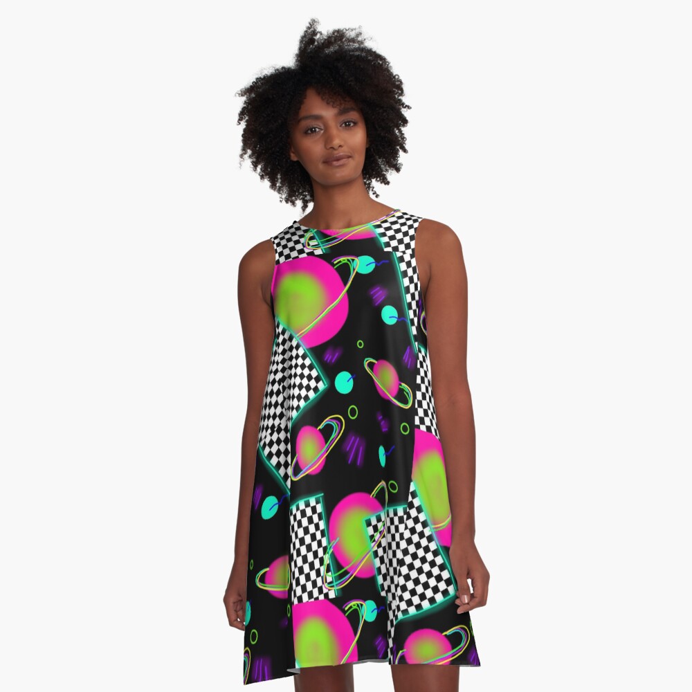 trippy neon 80's space party - planets and space globs A-Line Dress