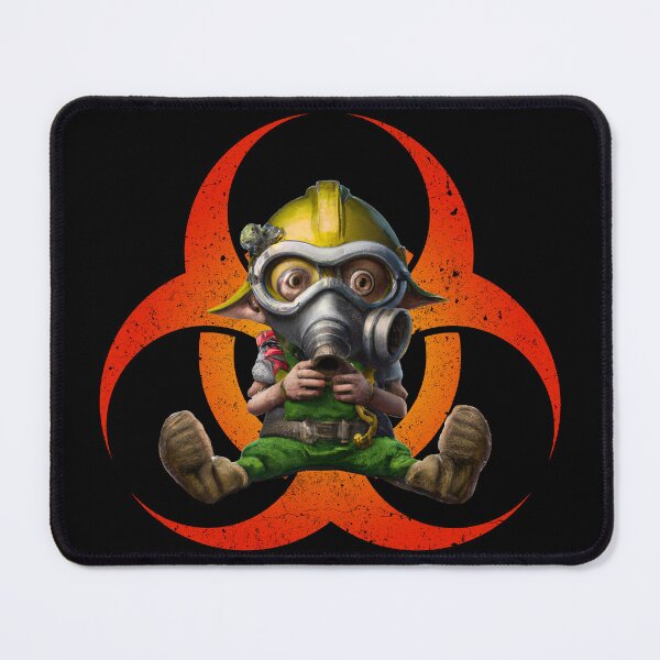 Item preview, Cute Toxic goblin with biohazard symbol wearing gas mask to prevent toxins designed and sold by Dreamakerstudio.