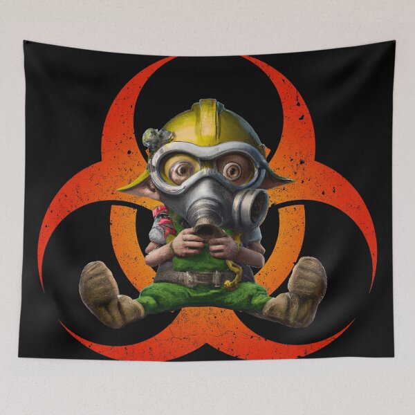 Item preview, Cute Toxic goblin with biohazard symbol wearing gas mask to prevent toxins designed and sold by Dreamakerstudio.