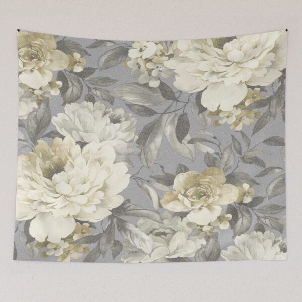 Item preview, Vintage Floral Grey White Yellow Flowers English Gardenia Grey and Ochre designed and sold by WearWolfDesigns.
