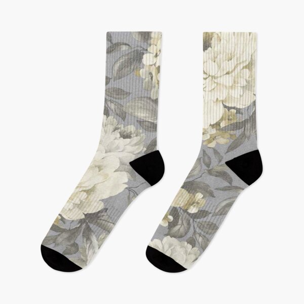 Item preview, Vintage Floral Grey White Yellow Flowers English Gardenia Grey and Ochre designed and sold by WearWolfDesigns.
