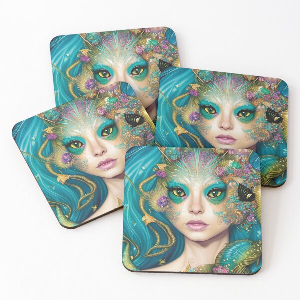 Item preview, Weird and Wonderful Water Goddess with Green Eyes from the Deep Sea with Psychedelic Fish Friends Unique Colorful Digital painting in Teal Aqua and Gold designed and sold by BadassBazaar.