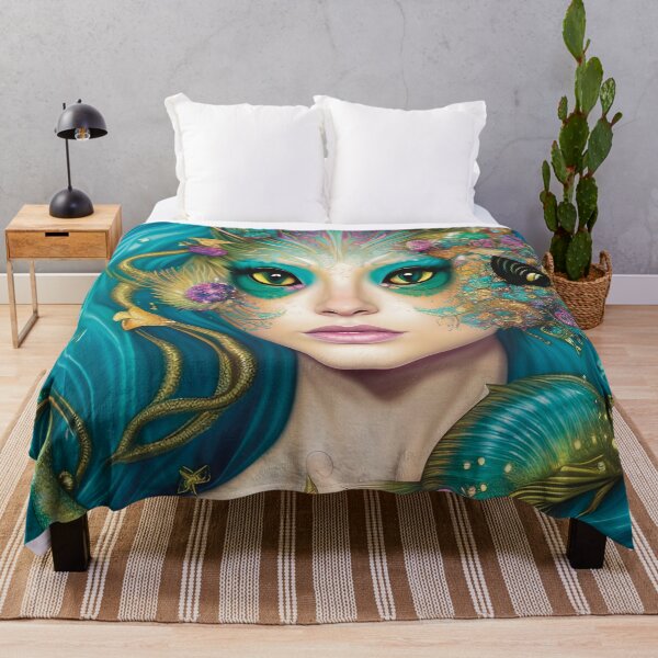 Item preview, Weird and Wonderful Water Goddess with Green Eyes from the Deep Sea with Psychedelic Fish Friends Unique Colorful Digital painting in Teal Aqua and Gold designed and sold by BadassBazaar.