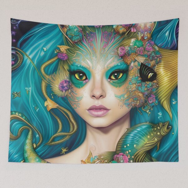 Item preview, Weird and Wonderful Water Goddess with Green Eyes from the Deep Sea with Psychedelic Fish Friends Unique Colorful Digital painting in Teal Aqua and Gold designed and sold by BadassBazaar.