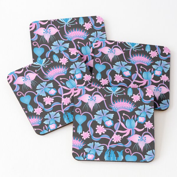 Item preview, Exotic Dr. Seuss like flowers in pink and blue on black background. designed and sold by Portia Monberg.