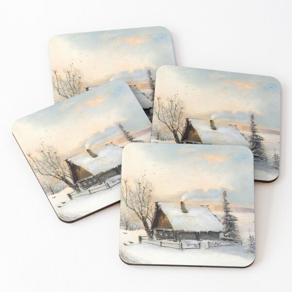 Item preview, Winter Country Landscape, Vintage Snowy Cabin Painting, Winter Art Print, designed and sold by chillchar1234.