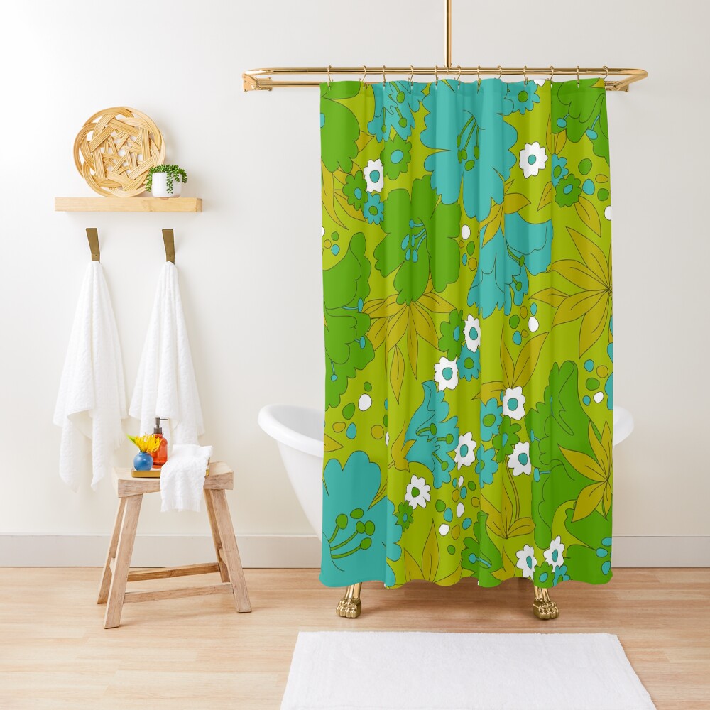 Green, Turquoise, and White Retro Flower Pattern Shower Curtain