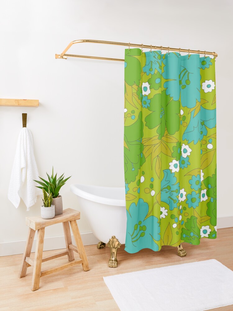Disover Green, Turquoise, and White Retro Flower Pattern Shower Curtain