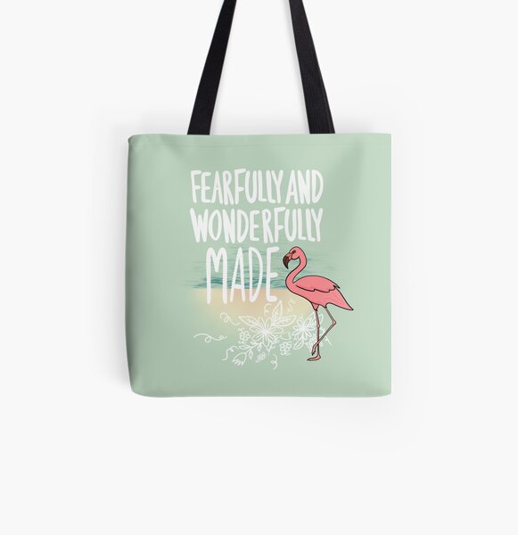 Fearfully and Wonderfully Made Flamingo on the Beach All Over Print Tote Bag
