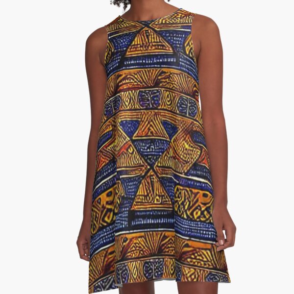 Kente Cloth Blue And Yellow A-Line Dress for Sale by