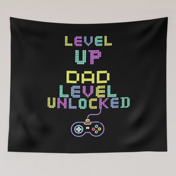 Item preview, Dad level unlocked, funny gamers pun, 90's retro vibe, video gamer Dad, new Dad designed and sold by allycat57.