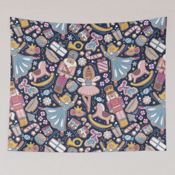 Item preview, Nutcracker ballet gingerbread delicious biscuits // midnight navy blue background sky blue pink and peony sweet Christmas cookies designed and sold by SelmaCardoso.
