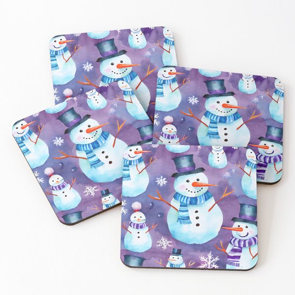 Item preview, Watercolor Christmas Snowmen Pattern Blue Scarf Purple Background designed and sold by ClairesPatterns.