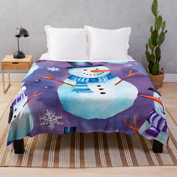 Item preview, Watercolor Christmas Snowmen Pattern Blue Scarf Purple Background designed and sold by ClairesPatterns.