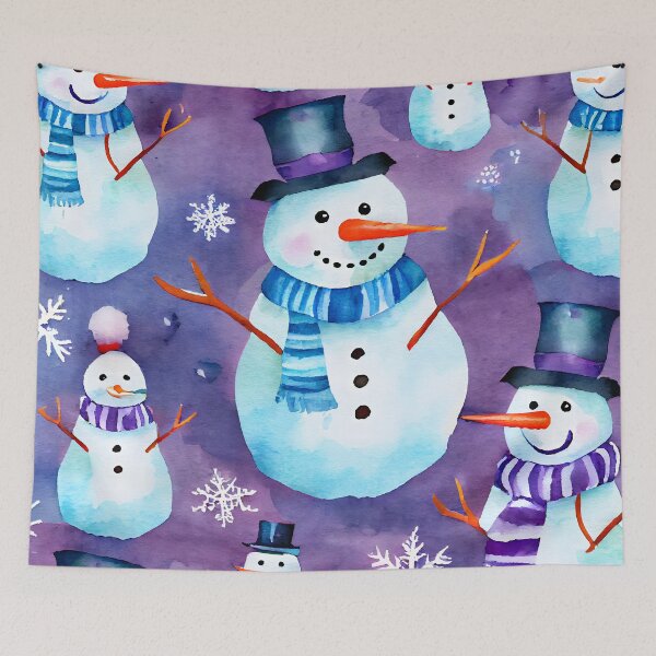 Item preview, Watercolor Christmas Snowmen Pattern Blue Scarf Purple Background designed and sold by ClairesPatterns.