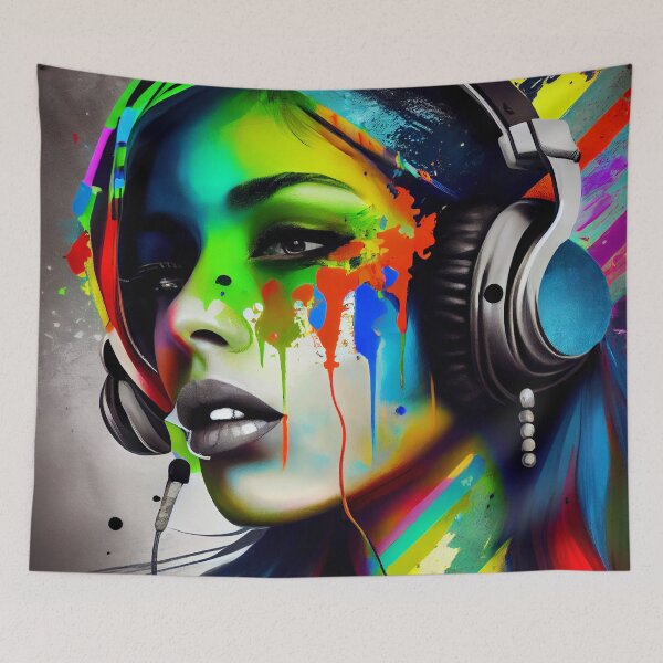 Artikelvorschau, Buntes stilisiertes Mädchen, das Musik-Straßen-Digital-Malerei hört entworfen und verkauft von CodeAndColors.