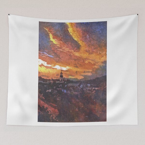 Item preview, Watercolor batik painting of silhouette of church medieval village of Tabor- Czech Republic. designed and sold by rfoxphoto.