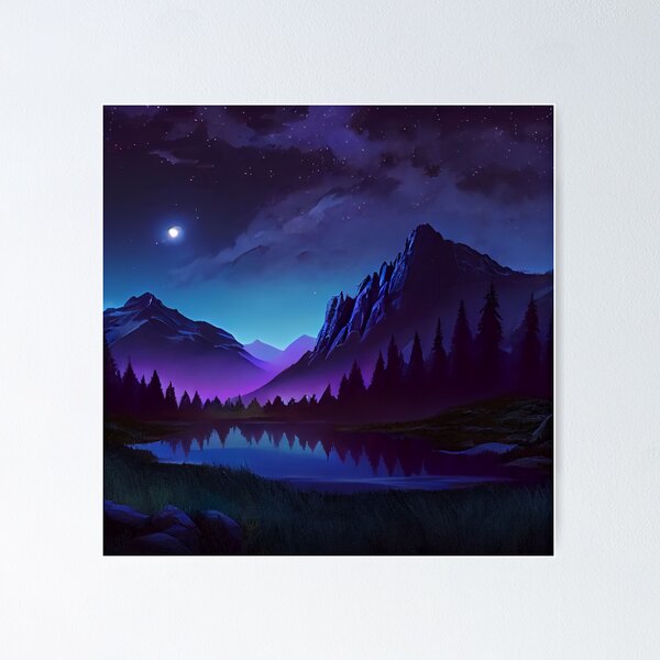 Item preview, Beautiful Calm Midnight Lake and Mountain Landscape Digital Painting designed and sold by CodeAndColors.