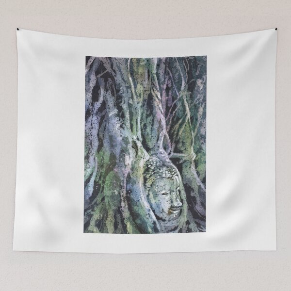Item preview, Watercolor batik painting of ruined Buddha head at ruins of Ayutthaya, Thailand. designed and sold by rfoxphoto.