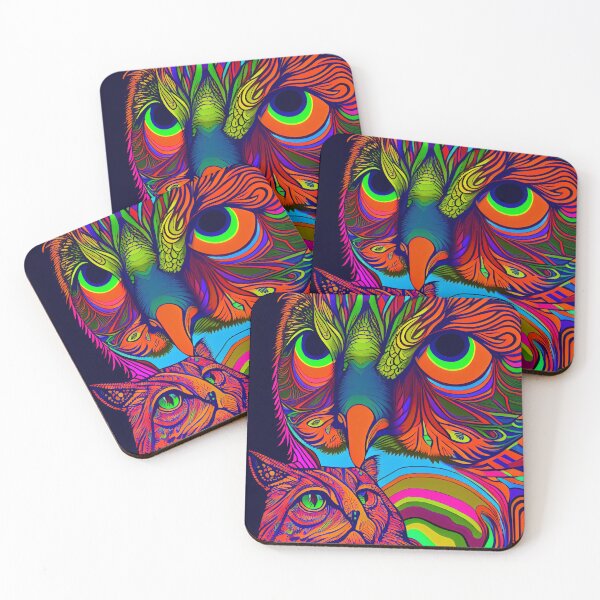 Item preview, Bright Colorful Psychedelic Owl and Cat Portrait Digital Painting designed and sold by CodeAndColors.