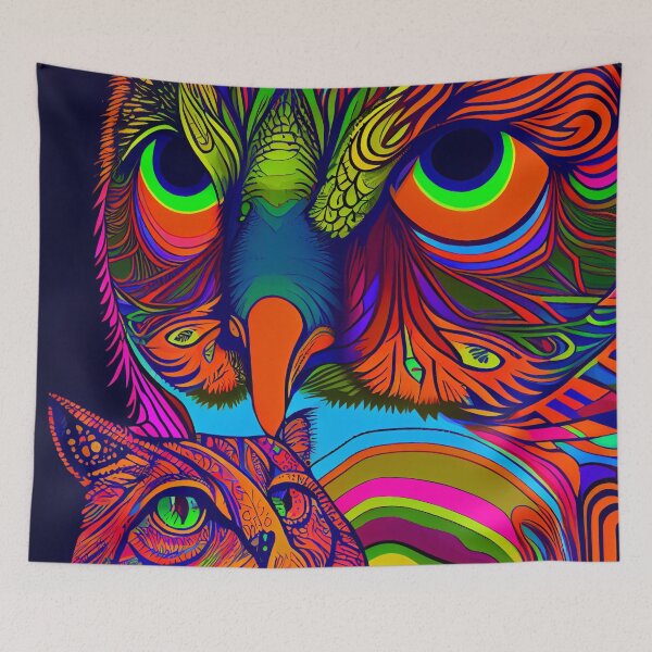 Artikelvorschau, Helle bunte psychedelische Eulen- und Katzen-Porträt-Digital-Malerei entworfen und verkauft von CodeAndColors.