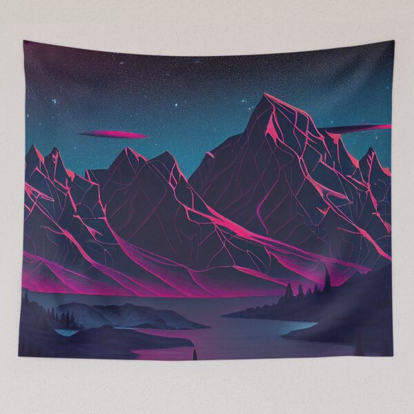 Artikelvorschau, Bunte Berglandschaft im Cyber-Stil bei Nacht Digitale Malerei entworfen und verkauft von CodeAndColors.
