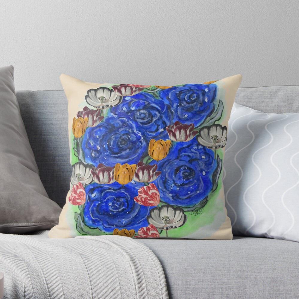 Blue Roses and Tulip Fantasy Throw Pillow