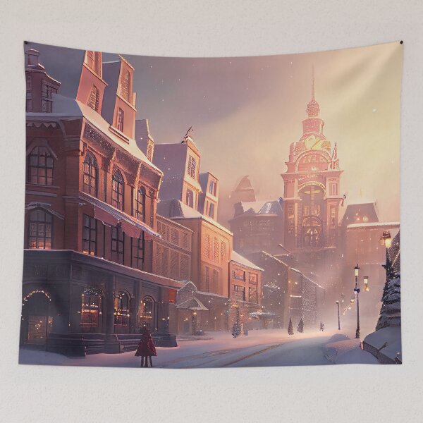 Artikelvorschau, Helle Winterstadt im Cartoon-Stil auf digitaler Weihnachtsmalerei entworfen und verkauft von CodeAndColors.