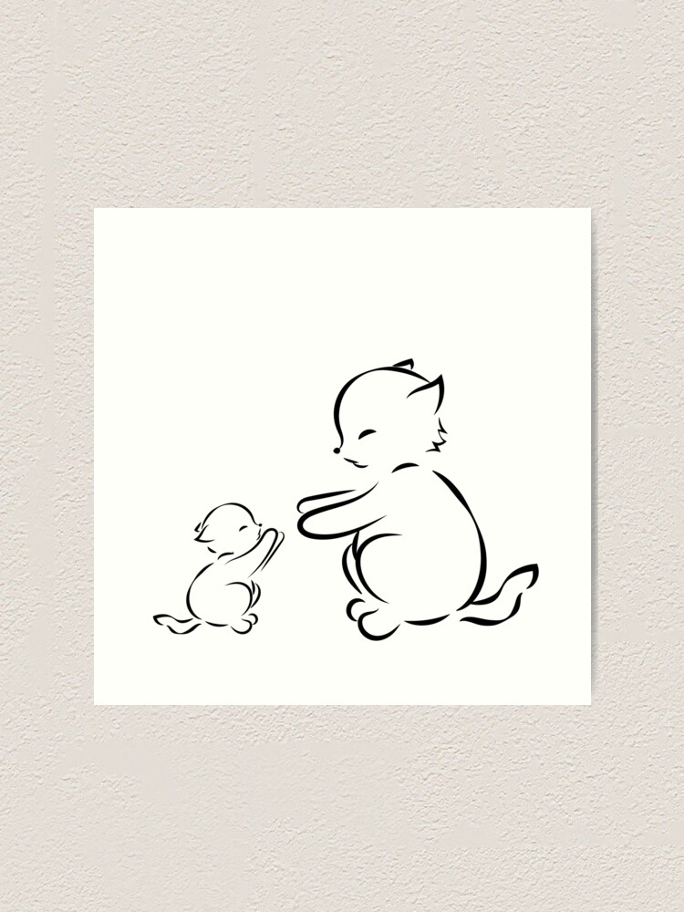 Impression Artistique Contour Dessin Chat Et Chaton Sur Fond Blanc Par Alexx60 Redbubble