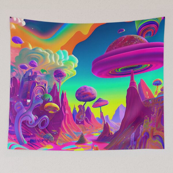 Artikelvorschau, Leuchtend bunte Landschaft auf einem fremden Planeten im Weltraum Digitale Malerei entworfen und verkauft von CodeAndColors.