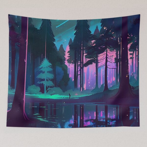 Artikelvorschau, Helle psychedelische Waldlandschaft bei Nacht Digitale Malerei entworfen und verkauft von CodeAndColors.