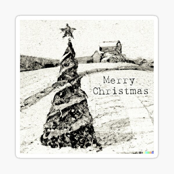 Item preview, Schwarz-Weiß-Vintage-Retro-Bild eines Weihnachtsbaums in einem schneebedeckten Feld mit einer Scheune, die von KI generiert wurde designed and sold by ADHDDESIGN.