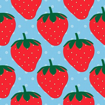 Fields of Red Strawberries on Blue Polka Dot Halftone Repeat