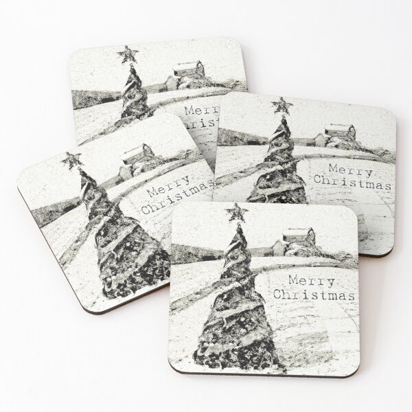 Item preview, Black and white vintage retro image of a Christmas tree in a snowy field with a barn generated by AI designed and sold by ADHDDESIGN.