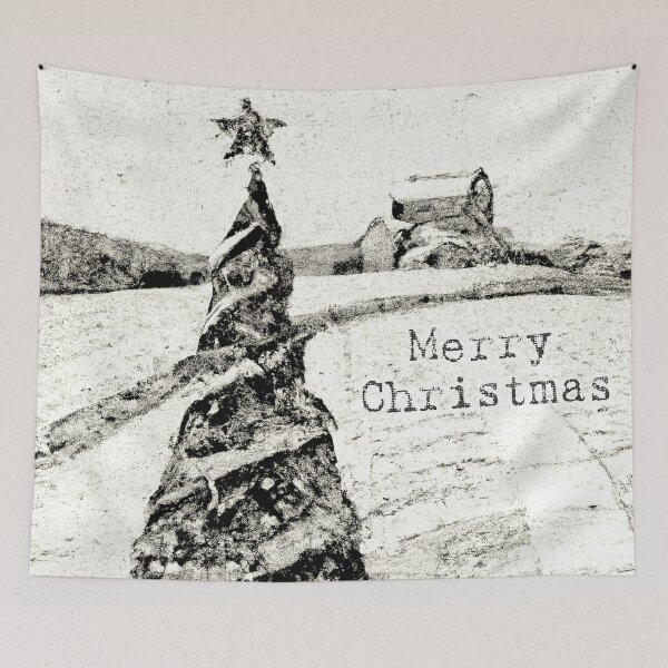 Item preview, Black and white vintage retro image of a Christmas tree in a snowy field with a barn generated by AI designed and sold by ADHDDESIGN.
