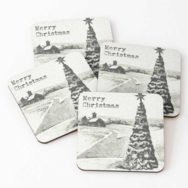 Item preview, Black and with vintage winter wonder land retro Christmas scene with Xmas tree and rustic farm in back ground AGI designed and sold by ADHDDESIGN.
