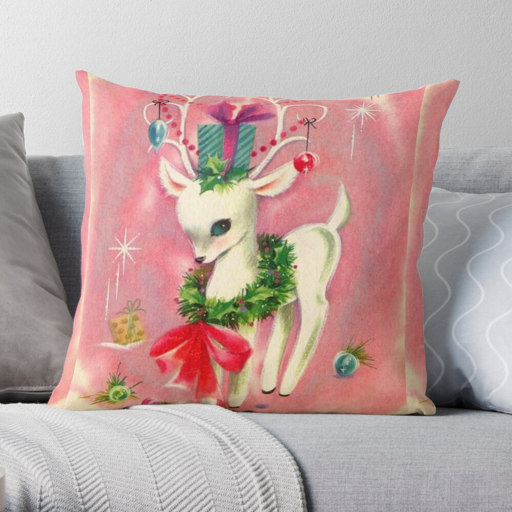 Retro Reindeer Pink Christmas Pillow, Baby Deer Pillow, Vintage