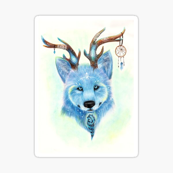 Dreamy Dreamcatcher - Galactic Wolf - Traditional Pencil Drawing Sticker