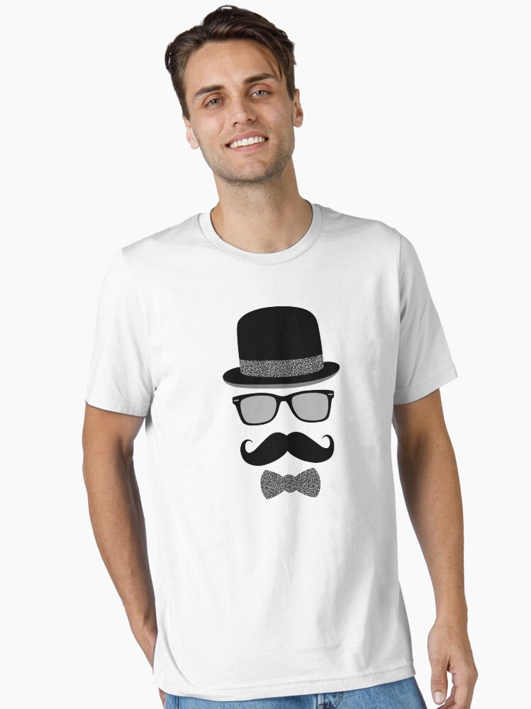 Hipster Man Bowler Hat Glasses Mustache and Bowtie in Black