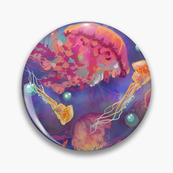 Item preview, Jellyfish in deep blue water with bright rainbow colors undersea pattern designed and sold by sandpaperdaisy.