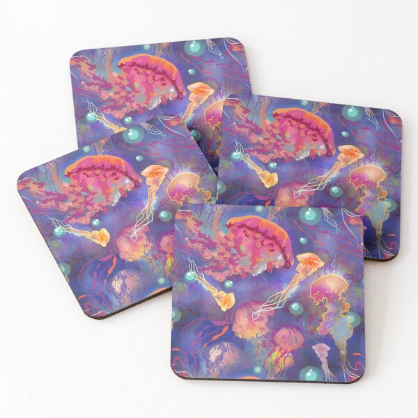 Item preview, Jellyfish in deep blue water with bright rainbow colors undersea pattern designed and sold by sandpaperdaisy.