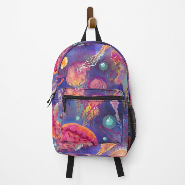 Item preview, Jellyfish in deep blue water with bright rainbow colors undersea pattern designed and sold by sandpaperdaisy.
