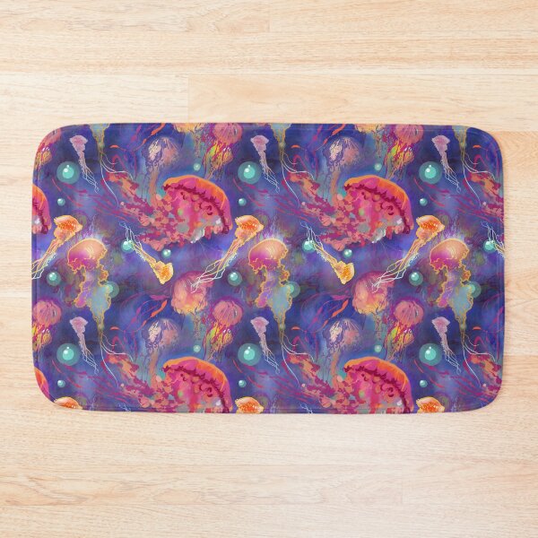 Item preview, Jellyfish in deep blue water with bright rainbow colors undersea pattern designed and sold by sandpaperdaisy.